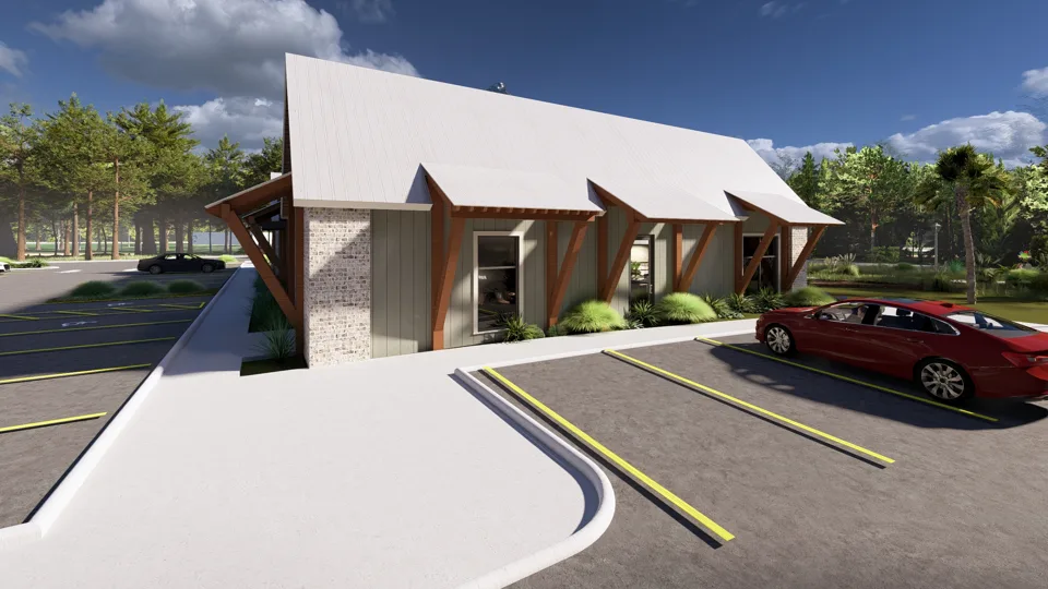 Side elevation rendering showing the building alongside the sidewalk and parking area.